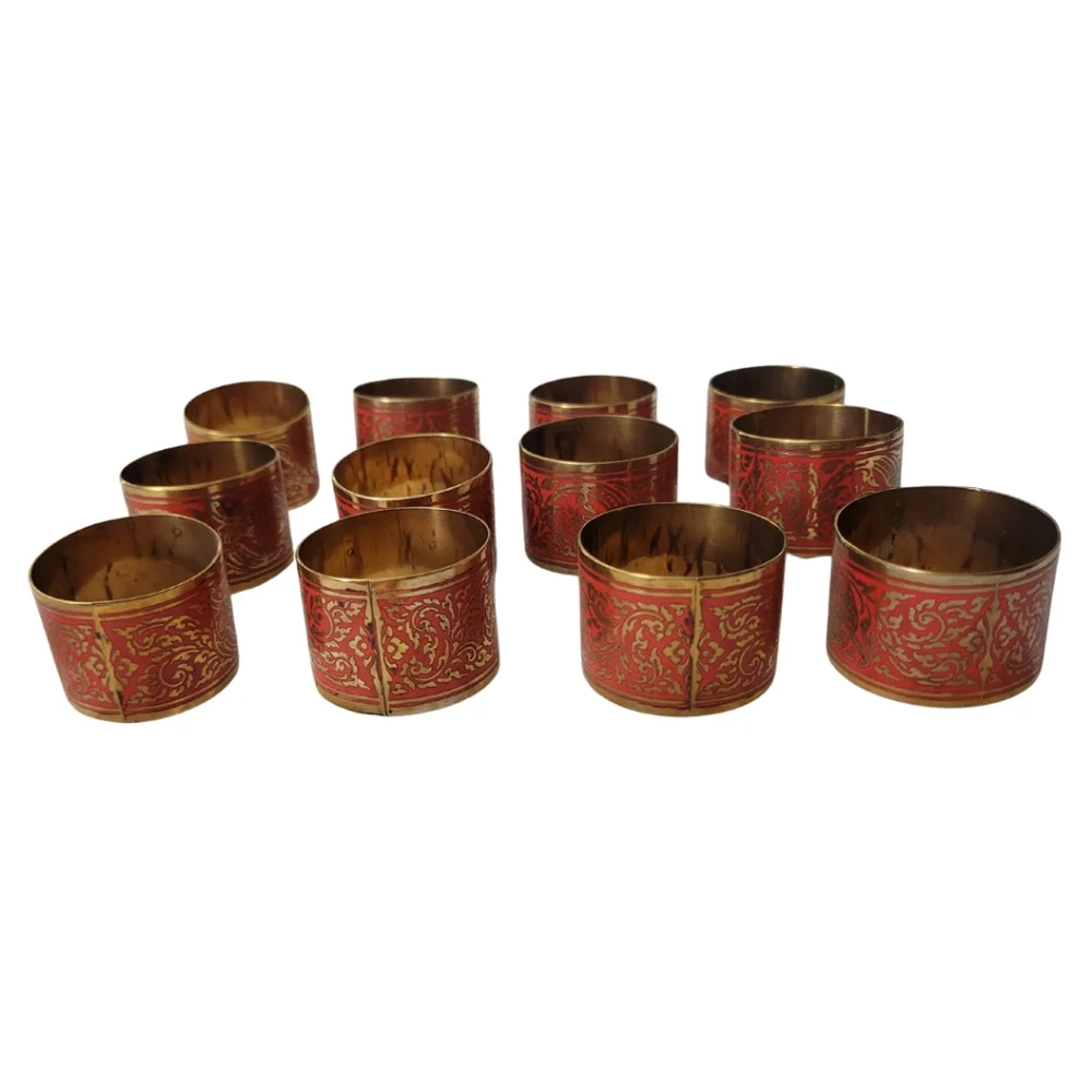 Vintage Thai Napkin Rings Lot Of 12 Brass Red Enamel Traditional Boho Dinner
